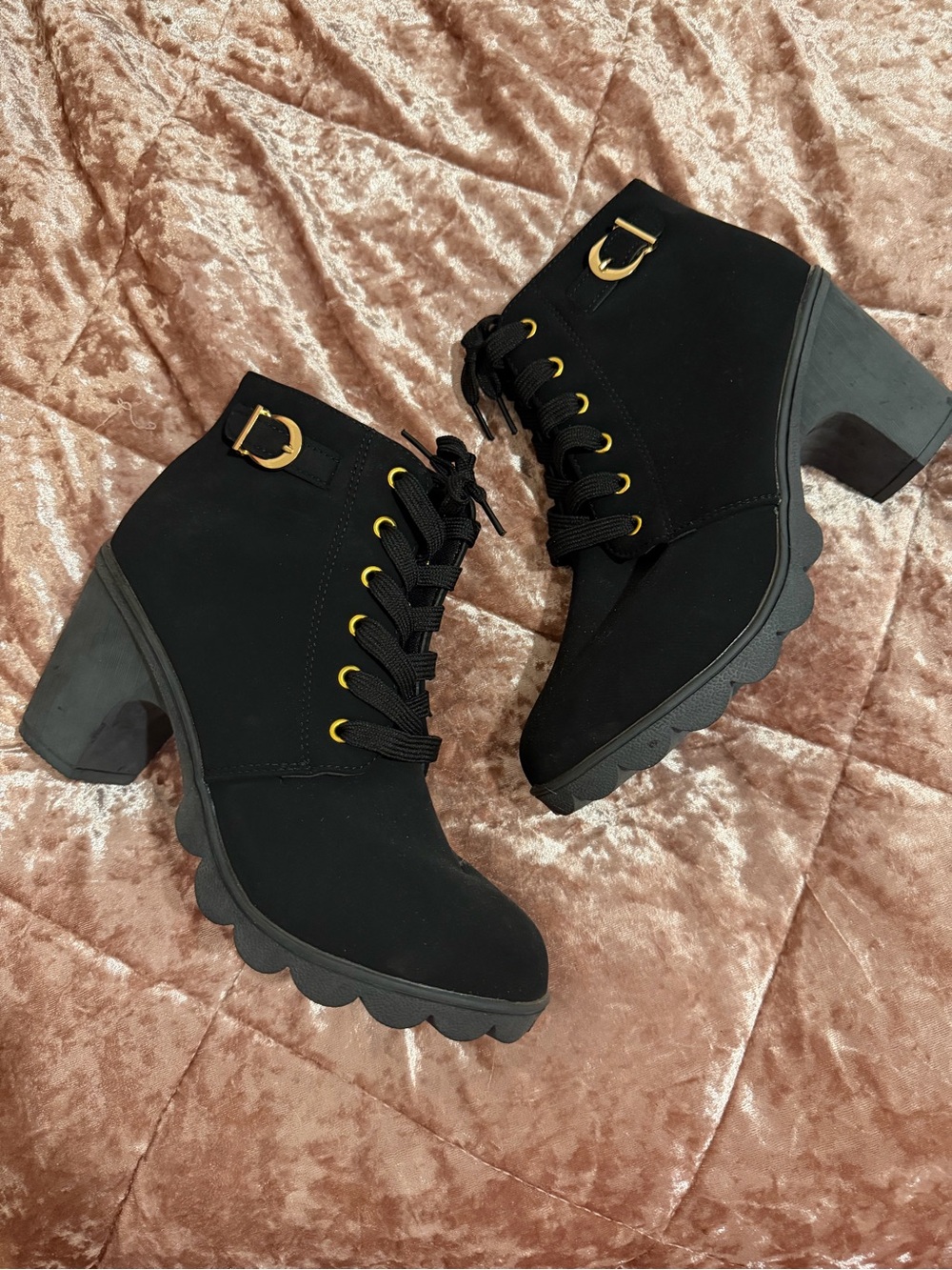 Women’s Black Lace-Up Chunky Heel Ankle Boots with Gold Accents
